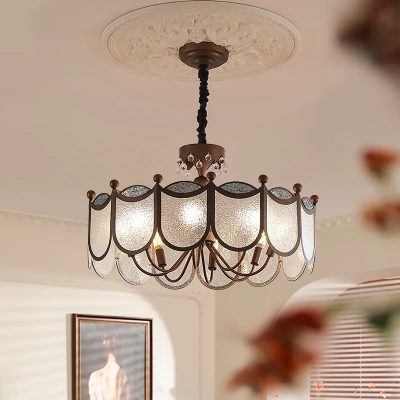 

American Ice Flower Acrylic LED Pendant Lights Brown Wrought Iron Chandelier Living Room Bedroom Restaurant Hotel Hanging Lamps