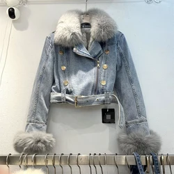 Winter Faux Fur Collar Belt Blue Warm Denim Jacket Female Vintage Casual Fur Liner Double Breasted Metal Buttons Women Outwear