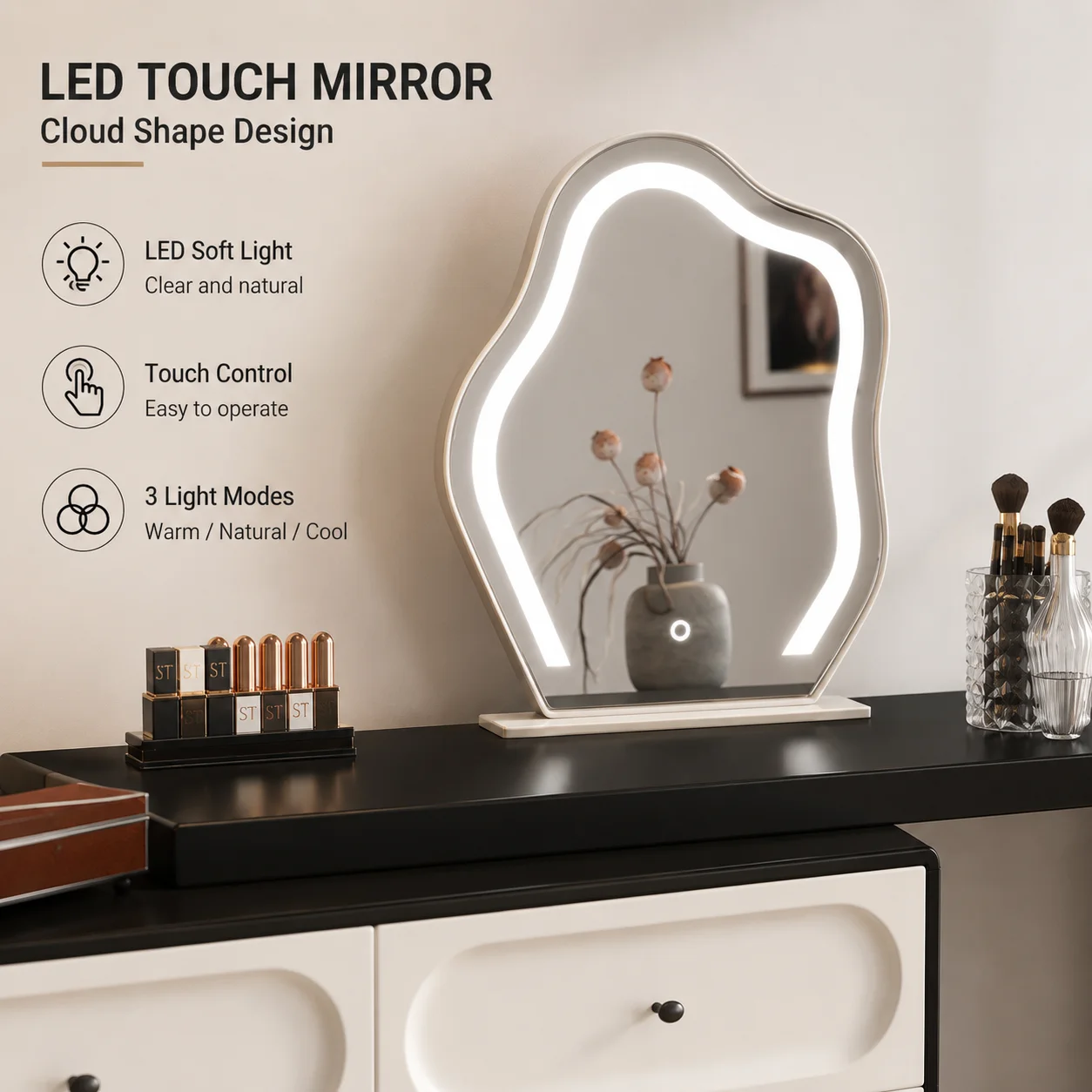 #Modern Makeup Vanity Desk Set With LED Lighted Dimmable Mirror Acrylic Chair Storage Drawers For Bedroom & Apartment Use