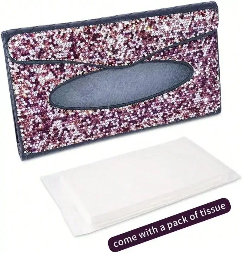 

Car Sun Visor Tissue Box Holder Bling Rhinestone PU Leather Backseat Tissue Case For Women Purple