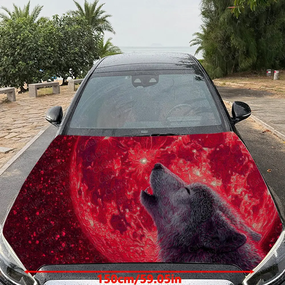 Dynamic Red Moon Wolf Car Hood Stickers - Self-Adhesive, Waterproof and Durable Vinyl Wrap, Decorate And Protect Your Car - The