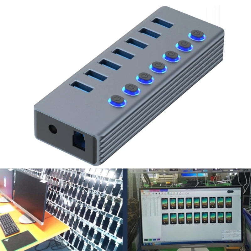 USB Hub, 7Port USB Data Hub Splitter with Long Cable LED Individual On/Offs USB Switches Extension for Laptop PC