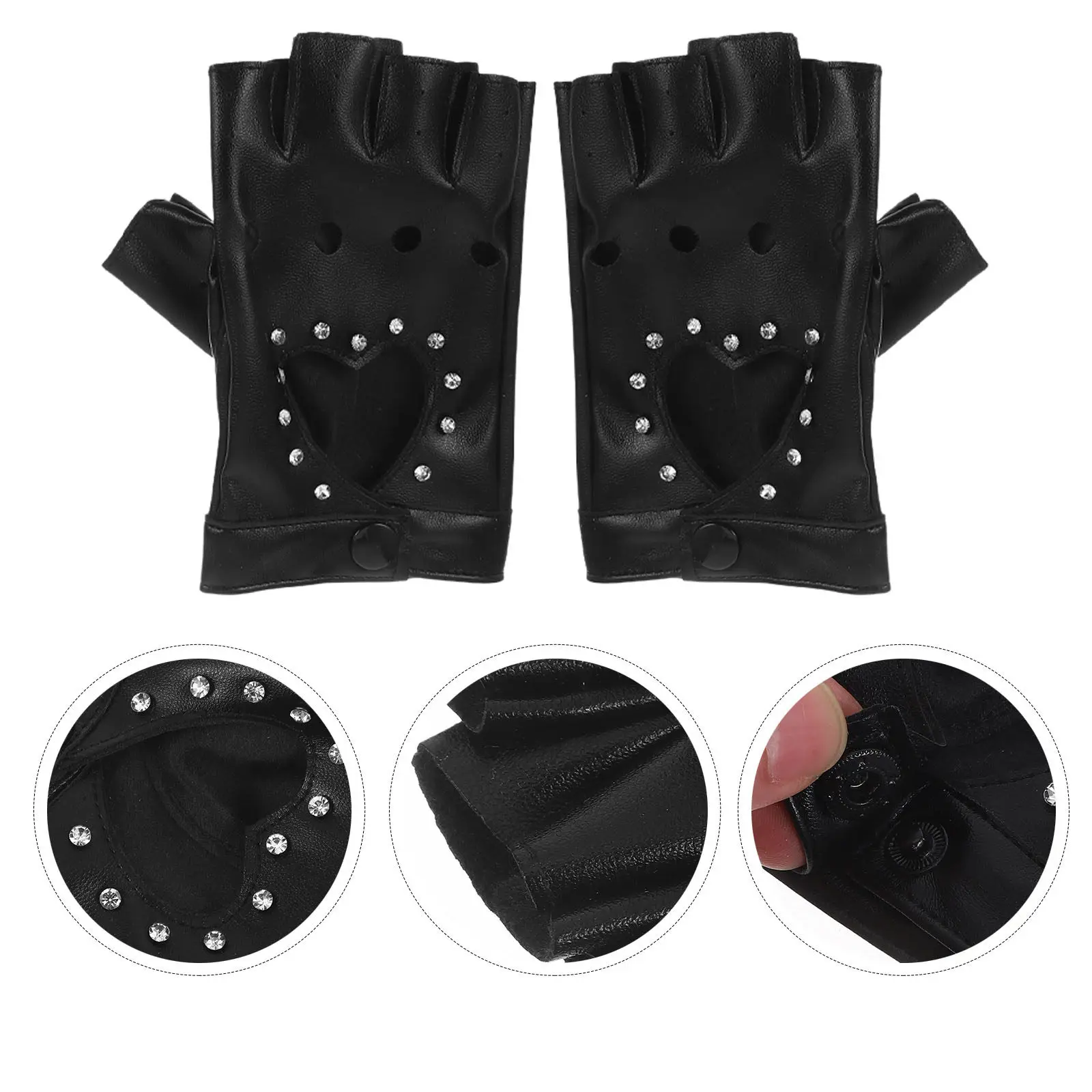 

1Pair Kids Punk Fingerless Gloves Heart Cutout Design Sparkly Rhinestone Embellished PU Costume Gloves for Dance Halloween Party