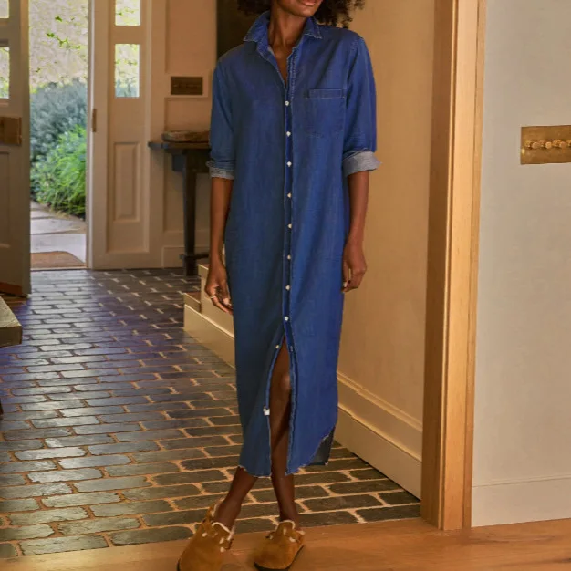 

Woman's Denim Long Dresses Spring Autumn Casual Blue Long Sleeve Turn-down Collar Button Long Dresses Ladies Office Vestidos