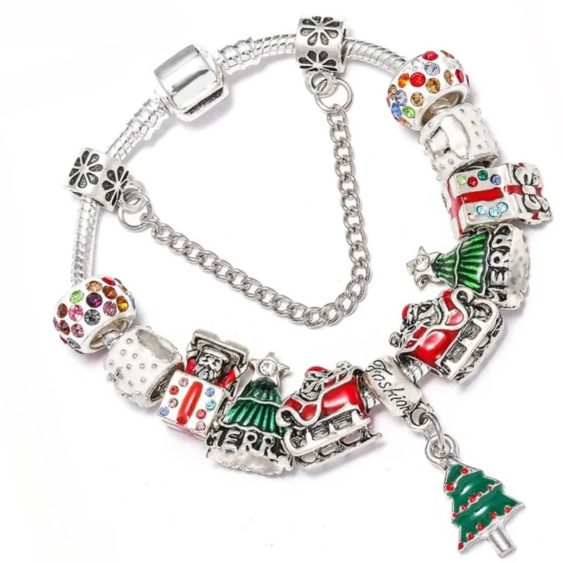 DINGLLY Christmas Series White Cedar Santa Pendant Bracelets Kids Male Female Bangle DIY Rhinestone Bracelet New Year Gift