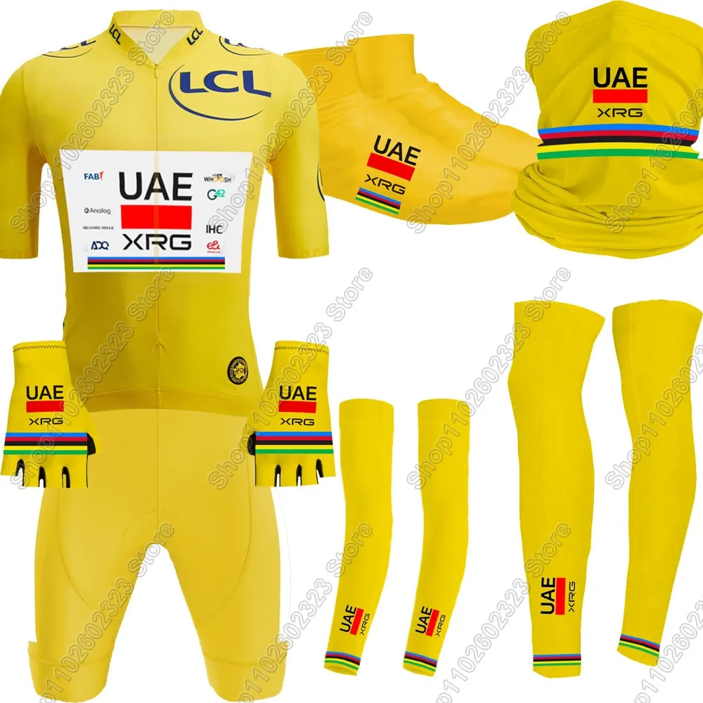 

France Tour 2025 UAE Комплект велосипедных трикотажных изделий Желтые велосипедные перчатки Одежда Рубашки для шоссейного велосипеда Костюм Велосипедные нагрудники Шорты MTB Ropa Maillot