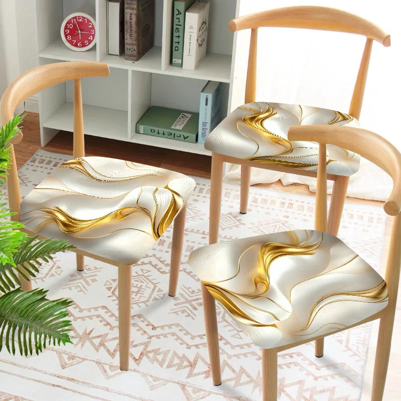 2/4/6pcs Chair Seat Slipcover, White Gold Wave Print Elastic Chair Cover for Dining Room, Washable Modern Furniture Protector