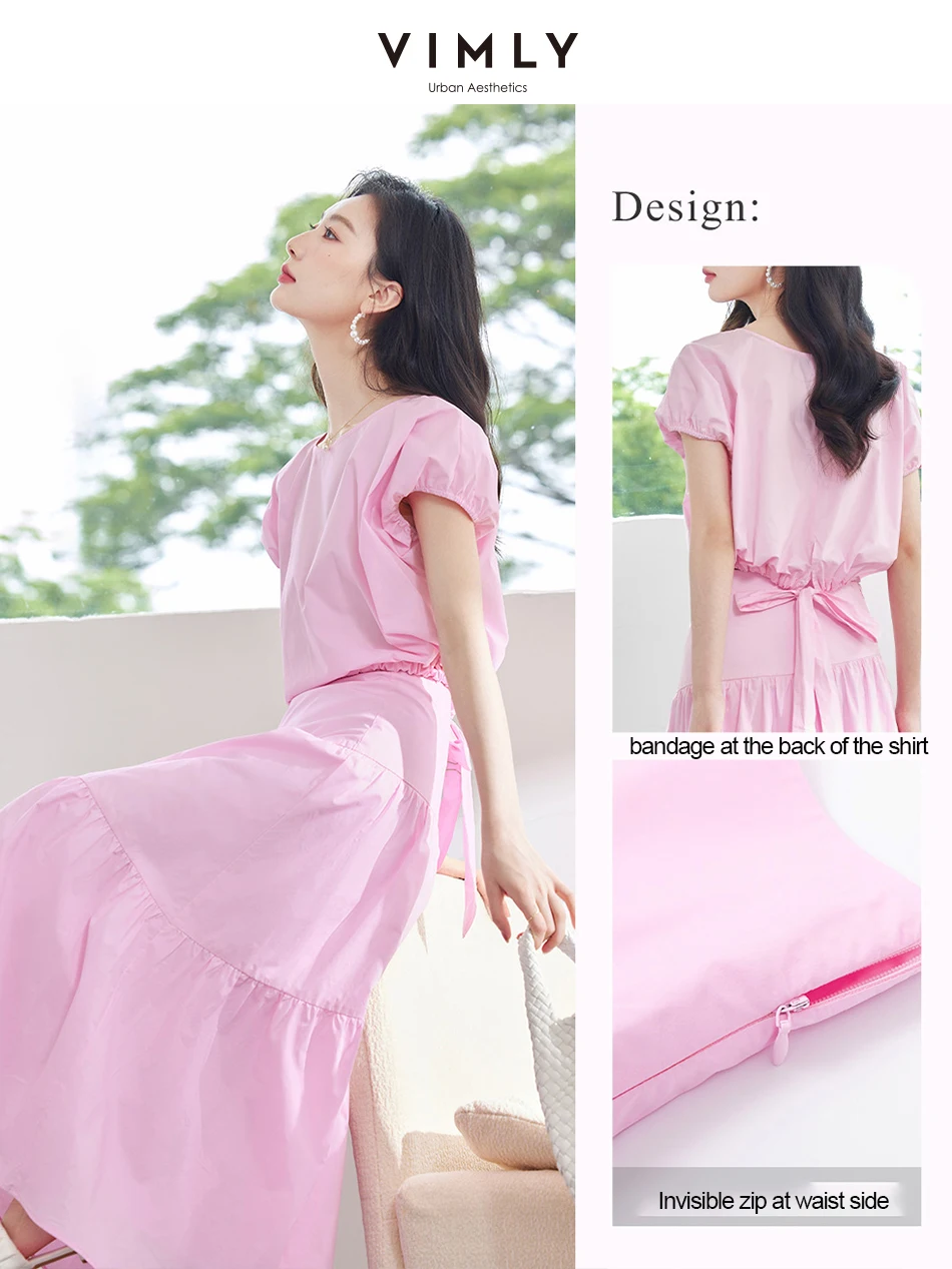 VIMLY Women\'s French Elegant Pink Skirt Set Summer New Strappy Puff Short Sleeve Shirt Top + Draped S-Line Skirt Two Piece Set