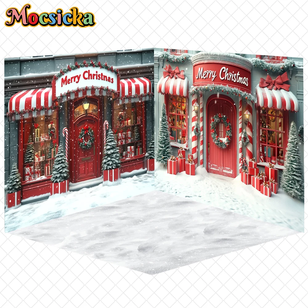 

Mocsicka Christmas Photography Backgrounds Winter Snow Decor Photo Backdrops Xmas Tree Candy Store House Pattern Shooting Banner