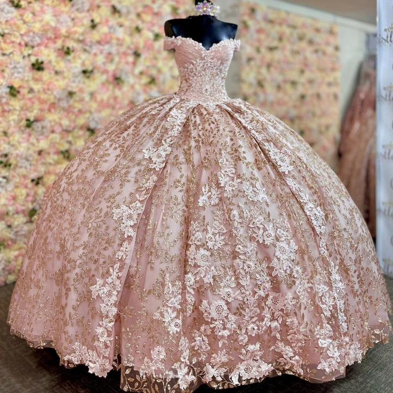 Elegant Pink Quinceanera Dress Princess Prom Gown Tulle Gold Appliques Lace Beads Sweet 15 16 Dress Birthday Vestidos De 15 Anos