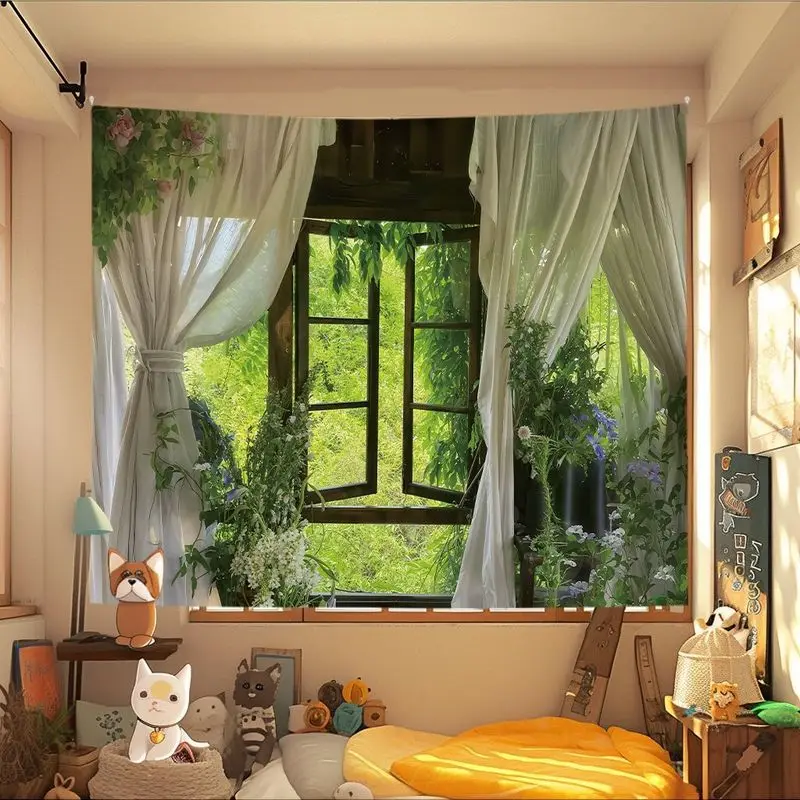 VIKAMA ins Seaview french window tapestry Cure seaside beach palm tree scenery background cloth tapestry room decoration