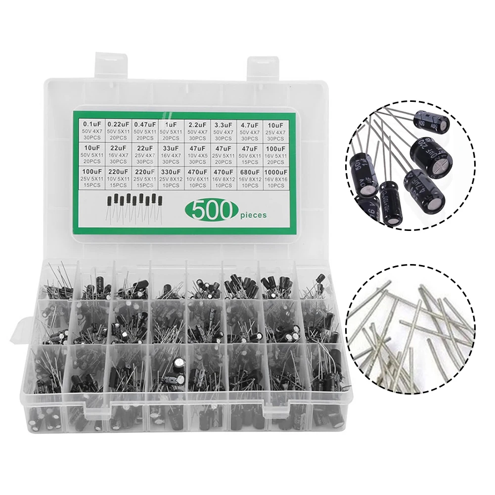 

500pcs Electrolytic Capacitors Set, 24 Sizes, 16V-50V, 0.1uF-1000uF. Suitable For Power Circuits And Electronic Equipment