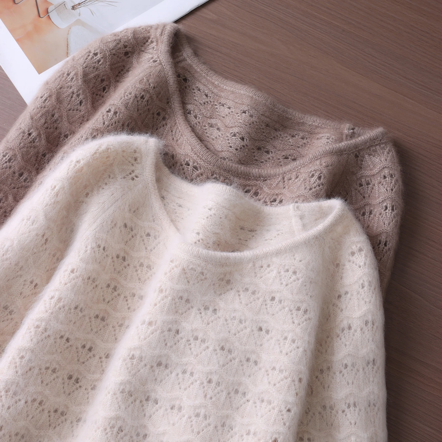 Chic Hollow Out O-Neck Women's Clothing Autumn Winter 100% Mink Cashmere Knitwear Female Autumn Winter Basic Pullover Sweater