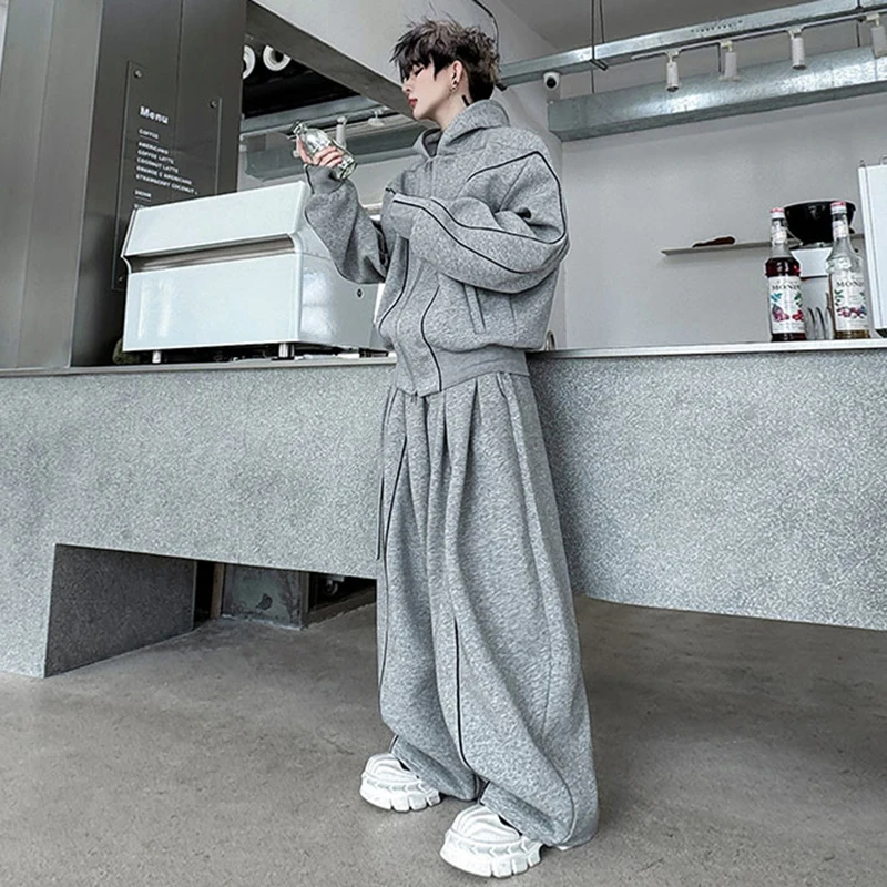 LUZHEN Fashion Street Two-piece Sets 2025 Autumn New Stripe Patchwork Baggy Sweatpants Men's Double Zipper Hooded Coat JY4212