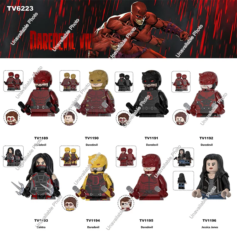 Nuevos bloques de construcción de Marvel, superhéroe Daredevil, Jessica Jones, Elektra, Matt Murdock, Bullseye, minifiguras de acción, juguetes, regalos