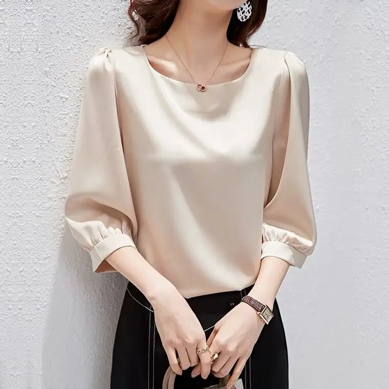 Elegant Satin three quarter Sleeve Blouses Women 2024 Vintage pink ice Silk Shirt Women Casual Loose lantern sleeve Tops