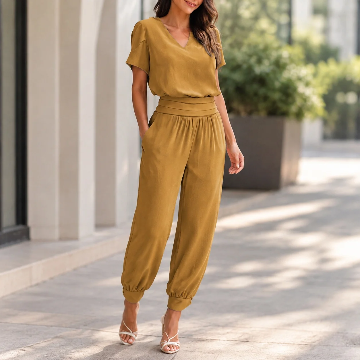Casual Summer Set with Full Length Long Pants Geometric Pattern Regular Sleeve Commuter Chic Women Sets