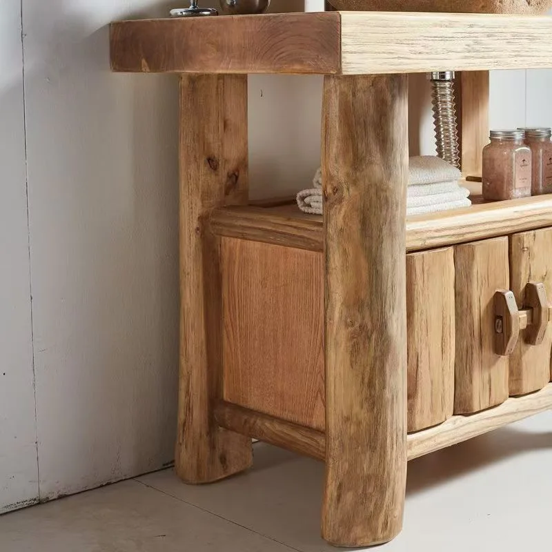 Rustic Retro Solid Elm Wood Bathroom Cabinet Set - Nostalgic Washbasin Sink with Storage Cabinet for Vintage Style Bathroom