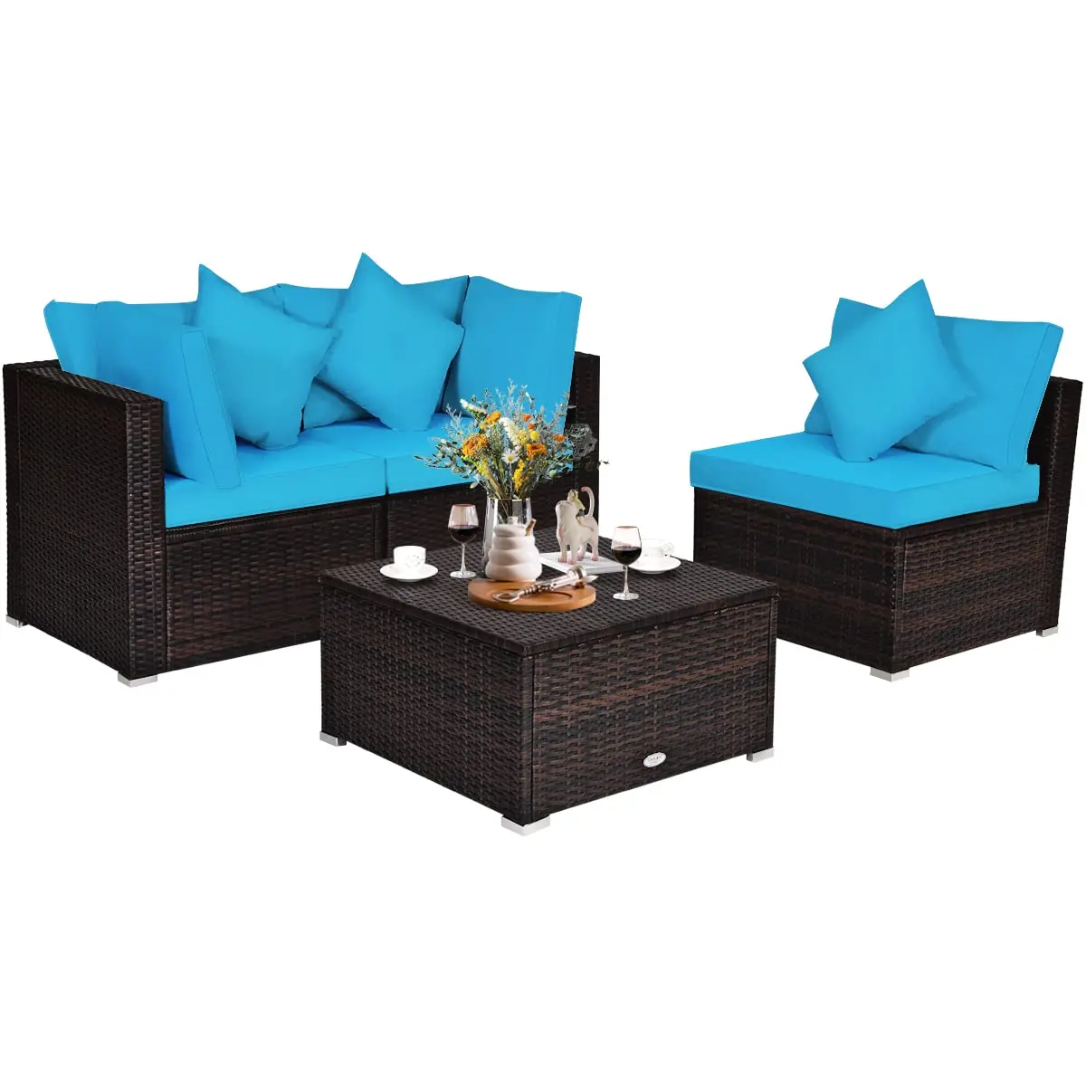 Patio Rattan Furniture Set Cushioned Sofa Ottoman Garden Turquoise, Customized