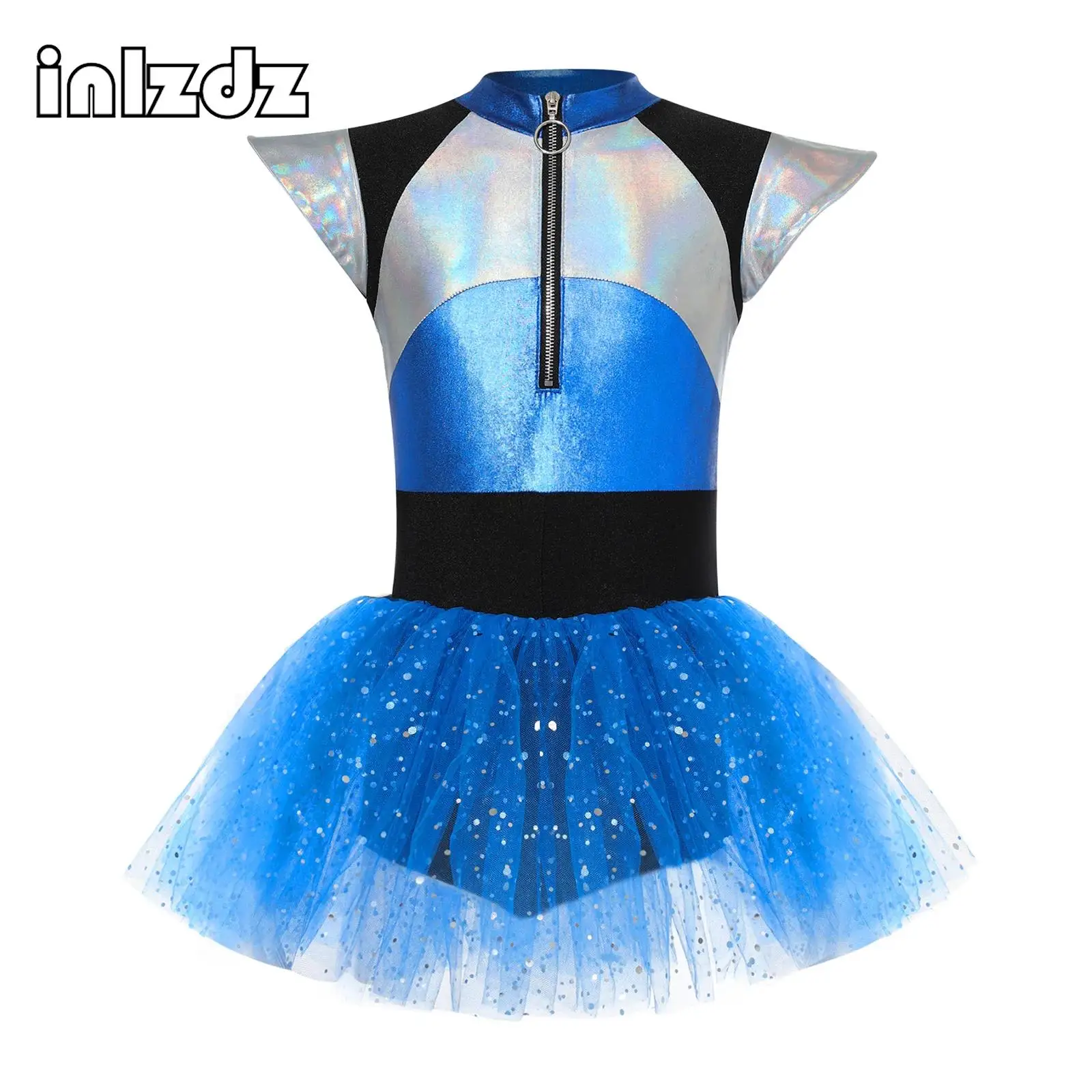 

Kids Girls Bright Mesh Tulle Tutu Alien Cosplay Costume Cheerleading Dance Dress Ballet Gymnastics Leotard Halloween Dancewear