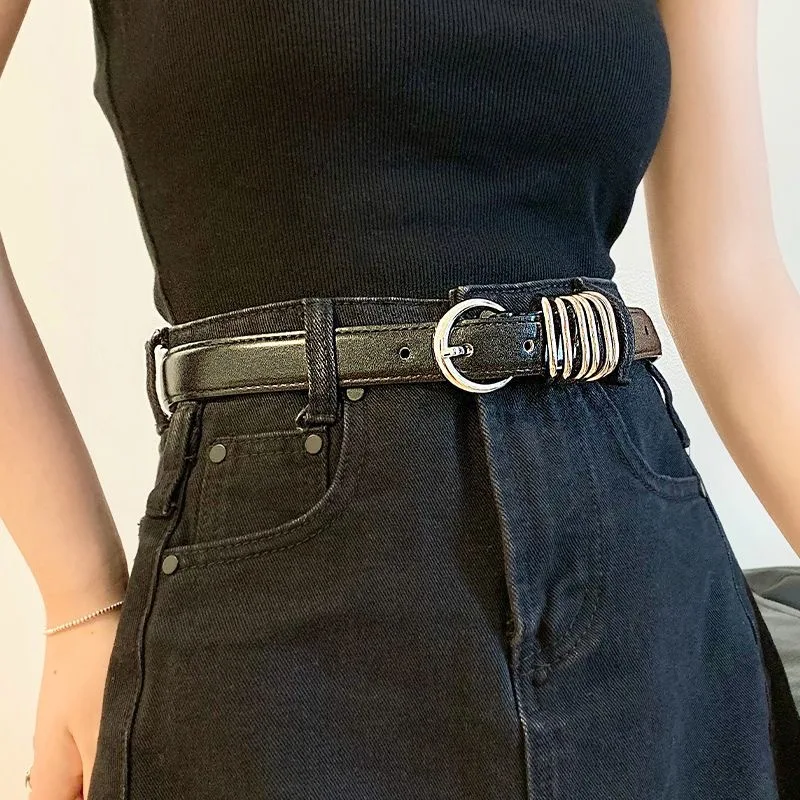 Black Leather Belts Cool Needle Metal Buckle Two-layer Cowhide Belt for Women Man Personalized Belt for Jeans Casual Pants Dress