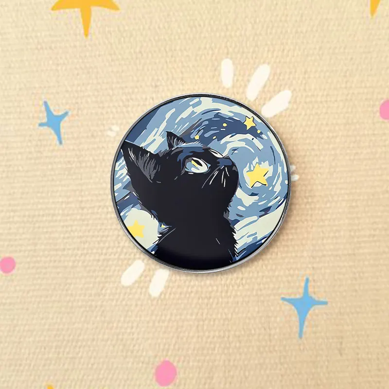 Starry Night Black Cat UV Printing Pin Look Up At The Stars Brooch Artistic Oil Painting Style Lapel  Badge Jewelry Gift