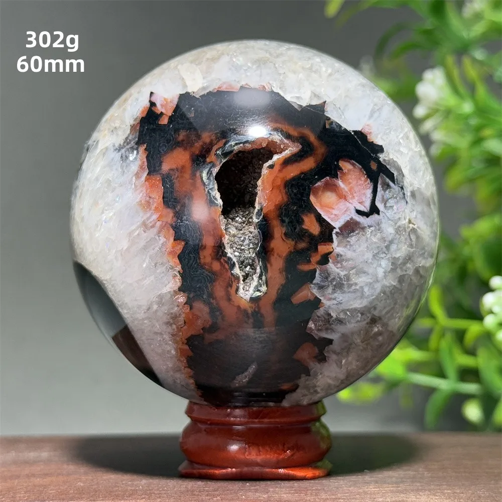 Natural Black Striped Agate Ball Reiki Massage Stone for Healing Divination Energy Home Decor Witchcraft Gift with Base