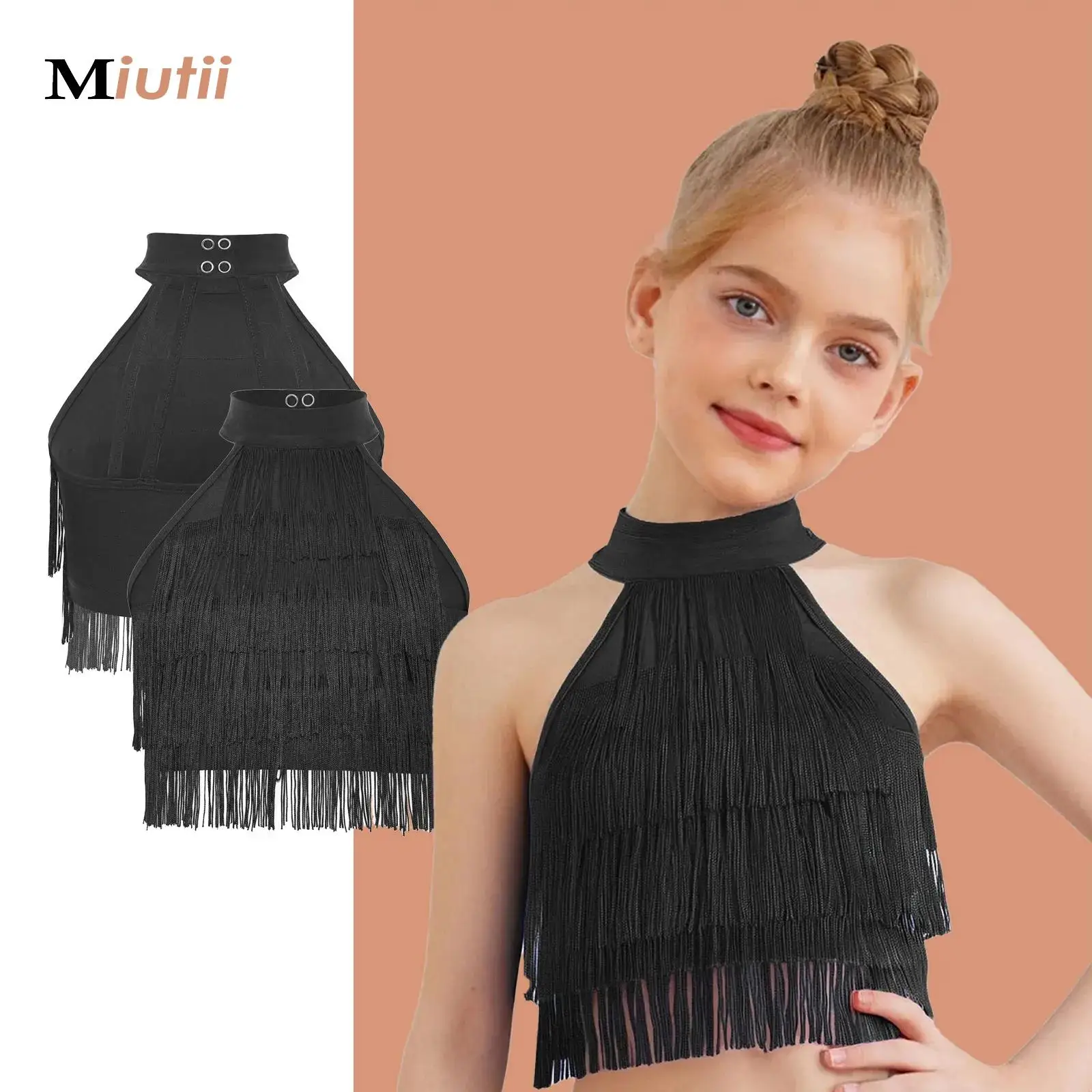 

Жилет с бахромой для латинских танцев ча-ча для девочек, укороченный топ без рукавов с лямками на спине и многоуровневыми кисточками для тренировок на сцене