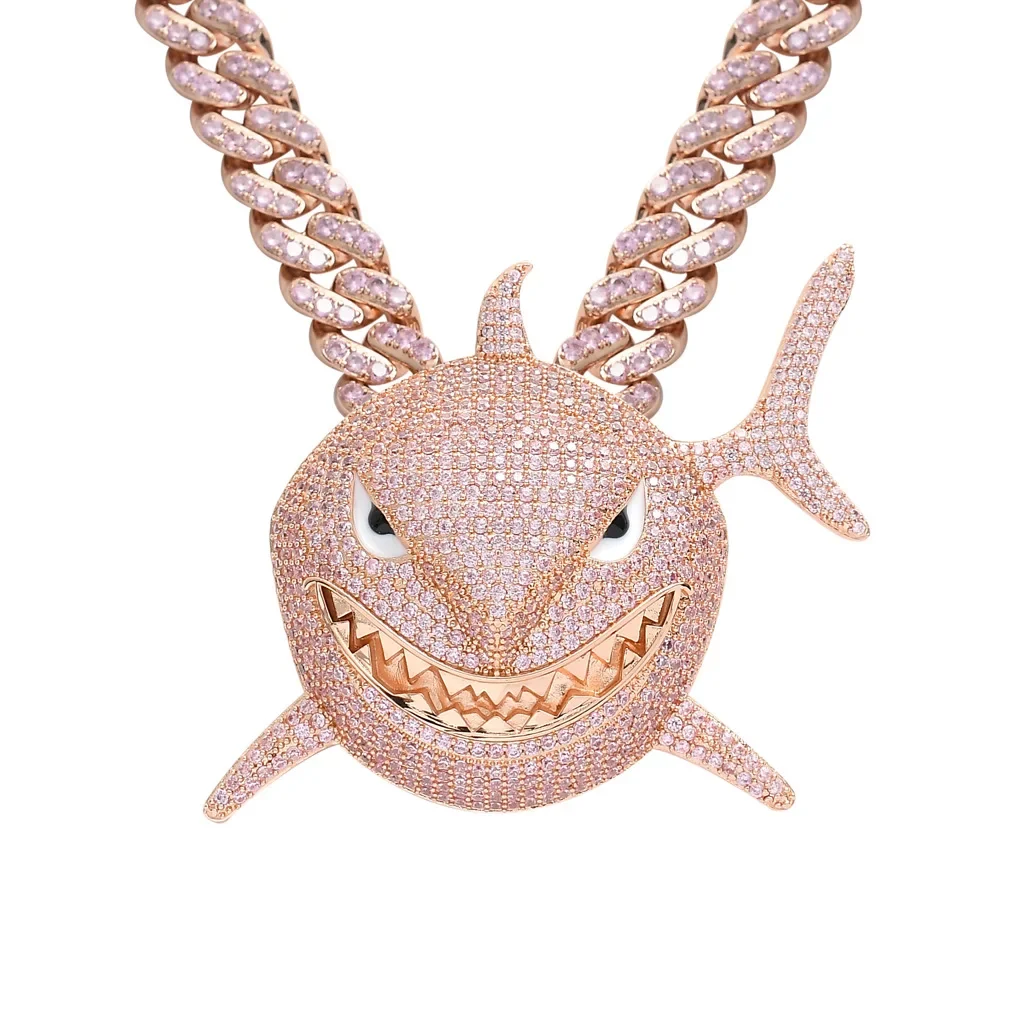 

Big Size Shark Pendant Necklace For Men Hip Hop Bling Jewelry With 13mm Iced Out Rhinestone Miami Cuban Chain Fashion Jewelry