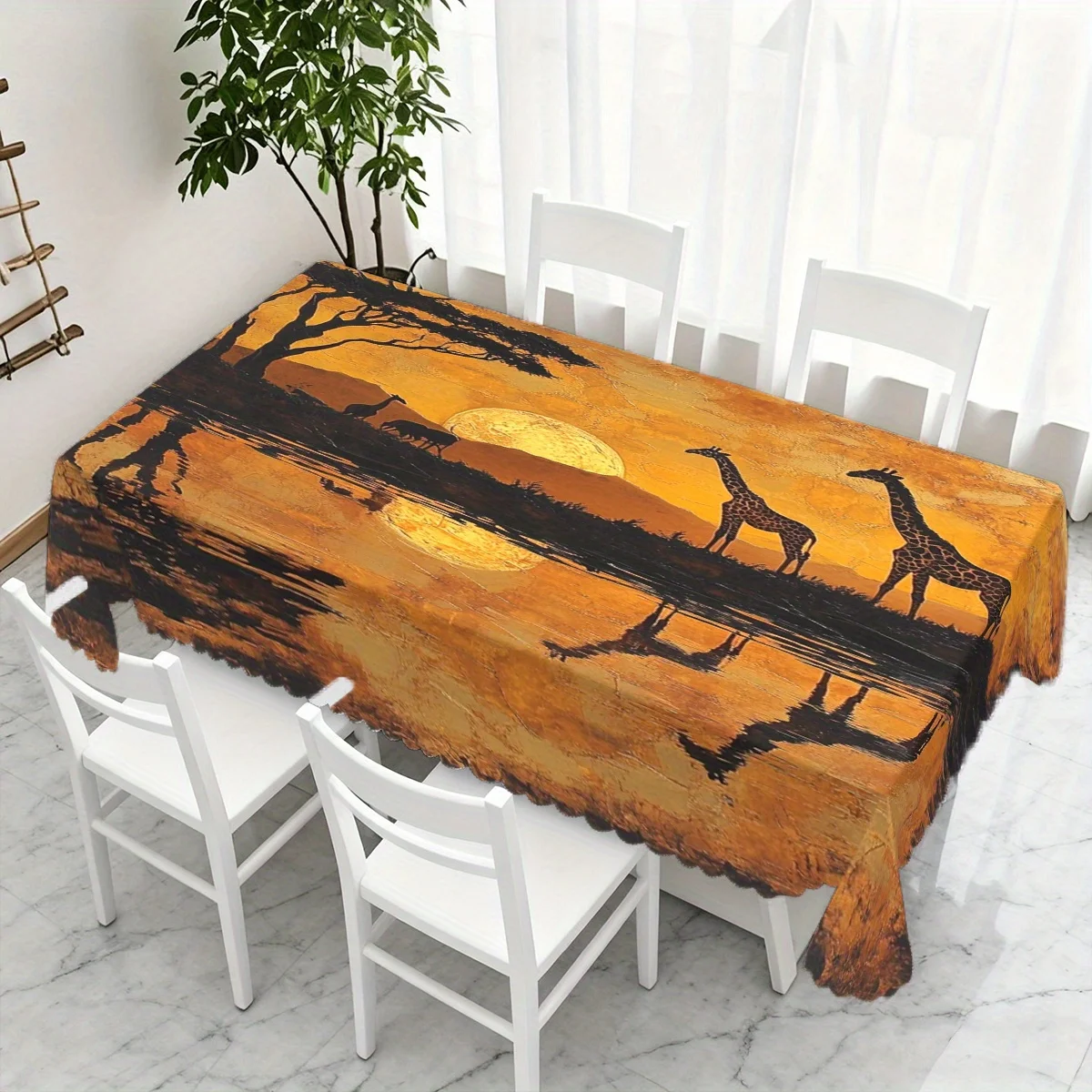 African Savanna Giraffe Sunset Water Reflection Print Waterproof Tablecloth, Rectangular Table Cover for Home Dining Party Decor