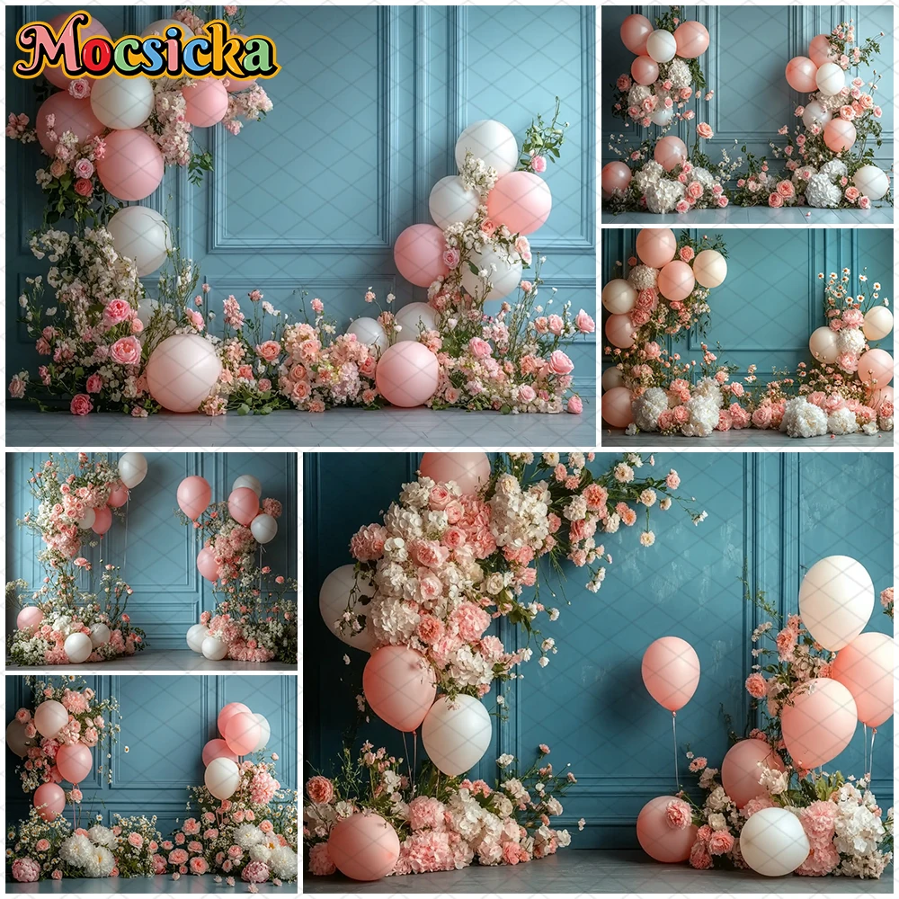 

Mocsicka Spring Backdrop Pink Rose Flower Balloon Light Blue Wall Wedding Decorations Kids Birthday Party Photography Background