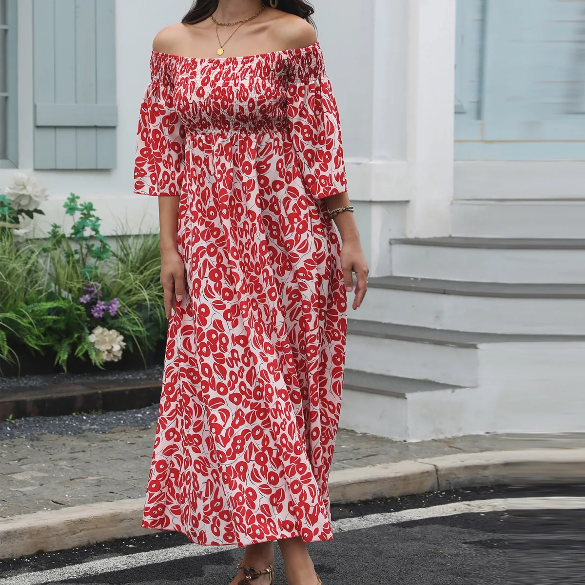 

Real Shot Summer One Shoulder Flare Sleeve Multicolor Swing Dress Dresses for Women