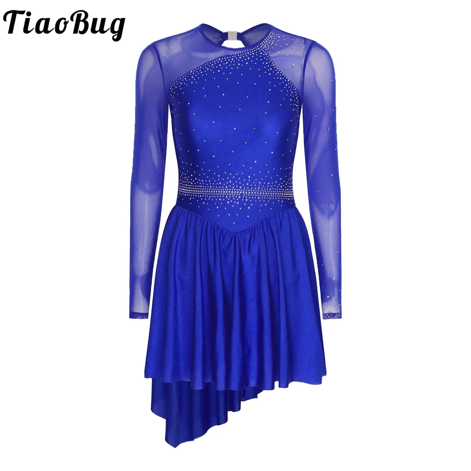 

Women Lyrical Dance Dress Sheer Mesh Long Sleeve Rhinestones Asymmetrical Hem Dress for Figure Skating Performance Competition