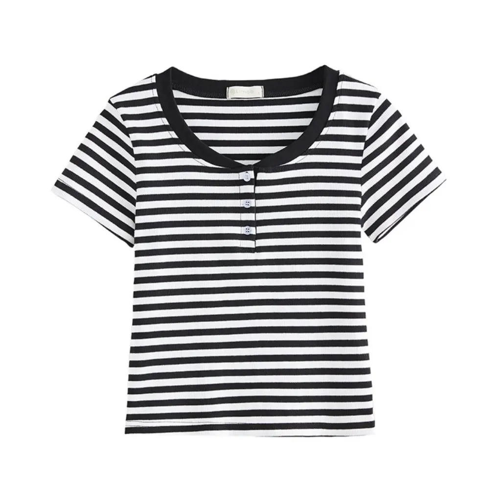 

Women's Double Button Collar Cotton T-shirt Short Sleeve Stripe Design Summer New Shoulder Top Base Shirt 260g