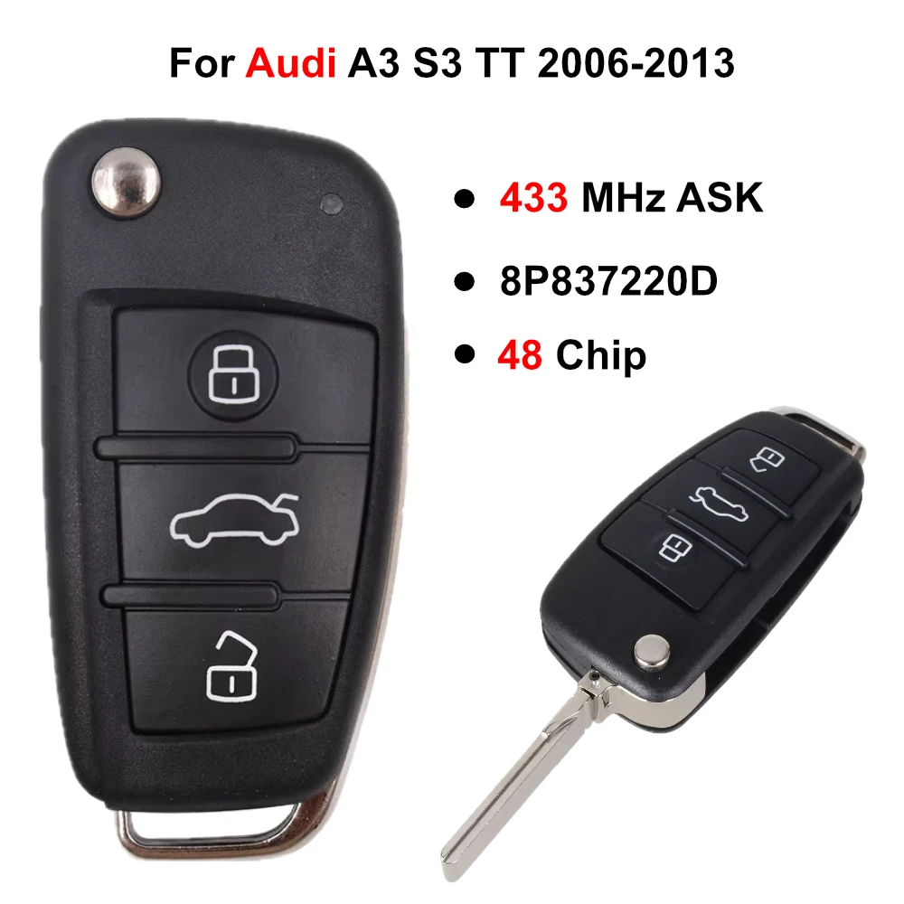 434 MHz 48 Chip HU66 Blade 8P0837220D Flip Remote Car Key Fob For Audi A3 S3 TT 2005-2013