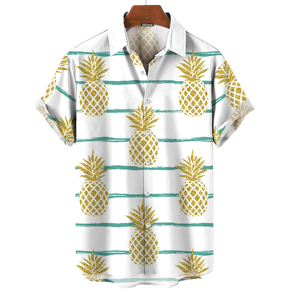 Camisas hawaianas con estampado gráfico de piña para hombre, Tops de manga corta de gran tamaño, estilo de sol brillante, solapa, Verano