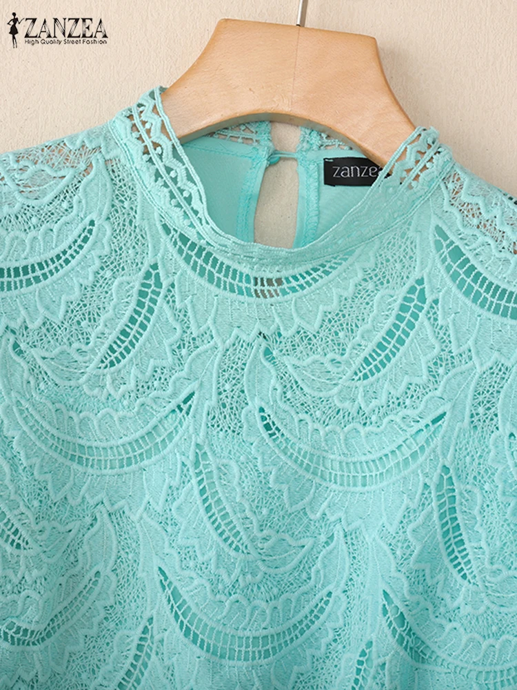 ZANZEA Elegant Chic Openwork Lace Patchwork Blouse Women Stand Collar Short Puff Sleeve Solid Color Tops Woman Clothing 3 Colors