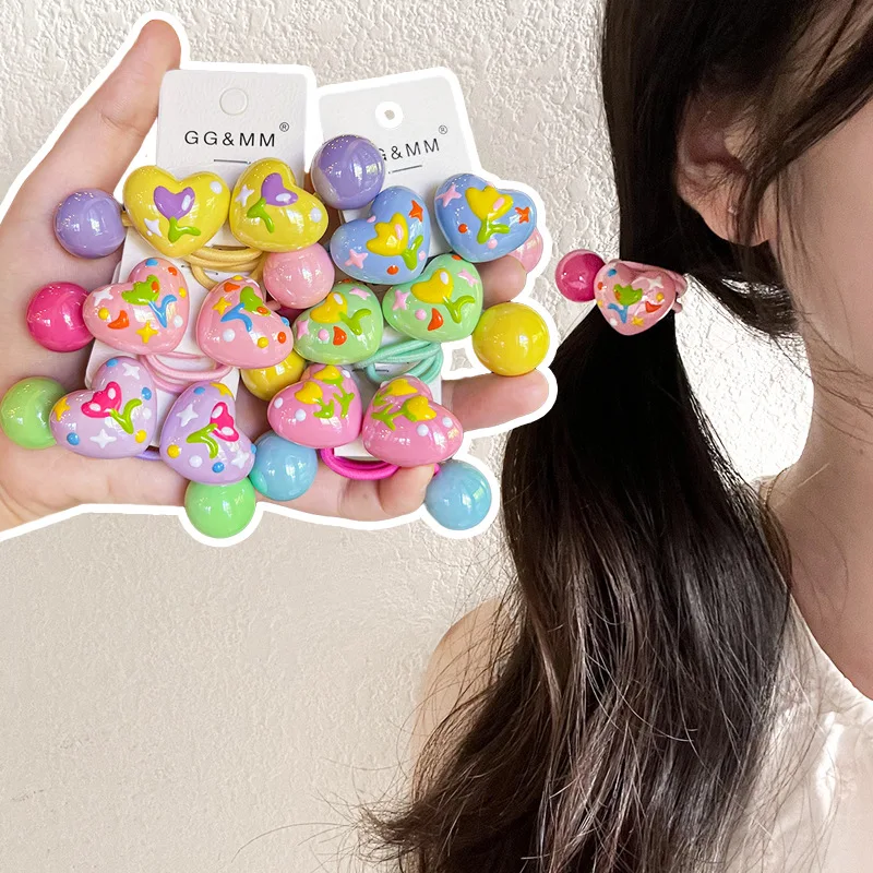 Korean Style Hair Ties Colorful Hand Painted Hearts Elastic Cute Ponytail Holders for Children Daily School Premium Sturdy
