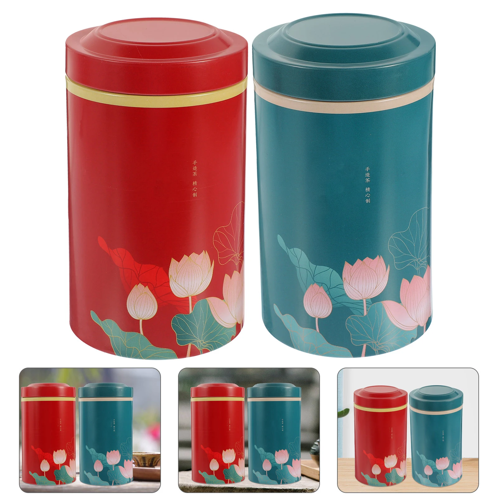 

2pcs Storage Container Tinplate Airtight Tea Canister Home Coffee Dry Leaves Compact Jar Household Tea Lid Sturdy Holder