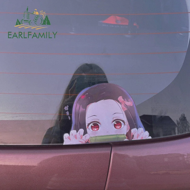 EARLFAMILY Cartoon Car Sticker for Nezuko Kamado Peeker Big Head Anime Vinyl JDM Rear Windshield Trunk Stickers