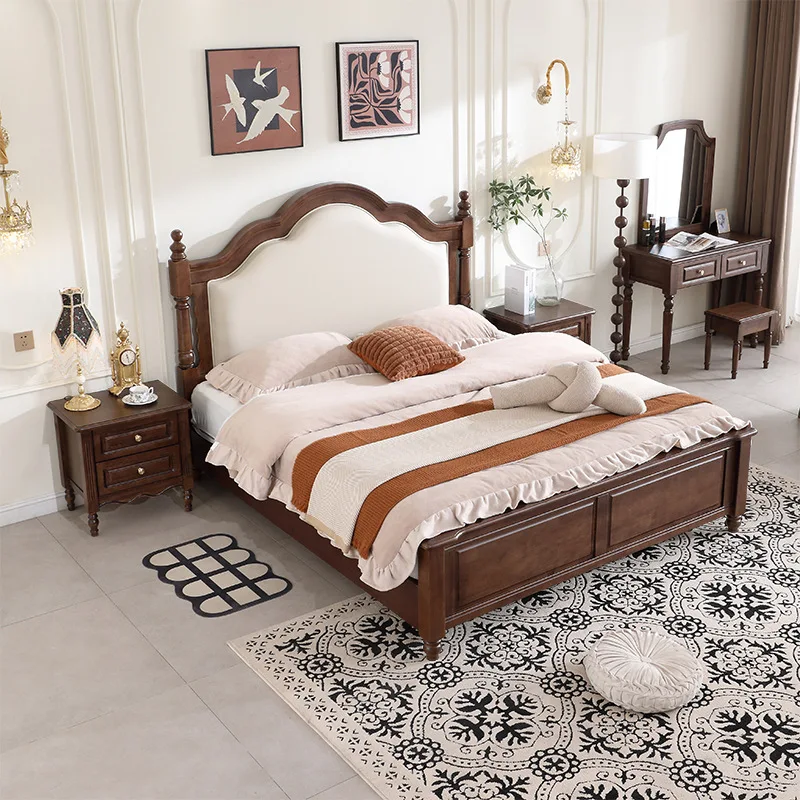 American solid wood bed double bed small apartment modern simple master bedroom large bed retro mahogany soft bag wedding