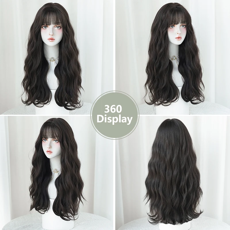 7JHH WIGS Costume Wig Synthetic Curly Wavy Dark Brown Wigs with Bangs High Density Layered Black Tea Hair Wigs Glueless Wig