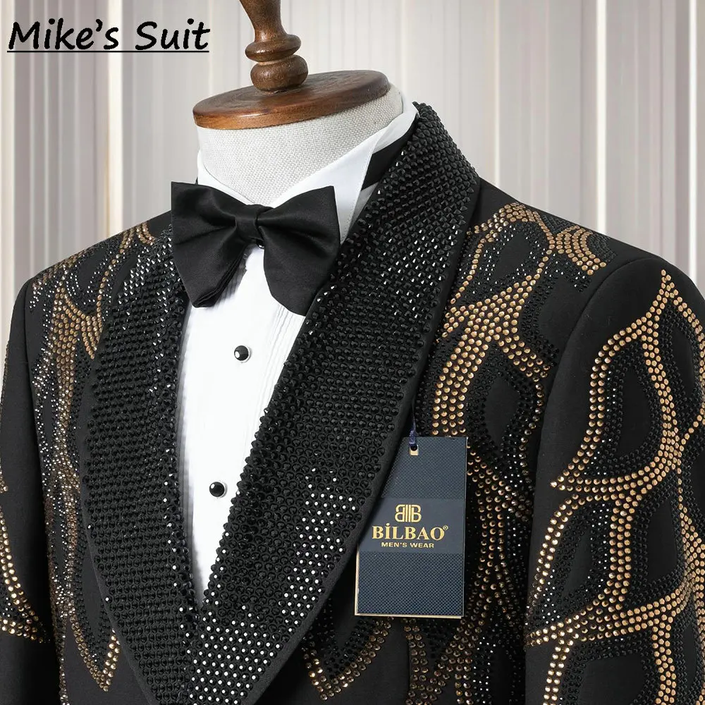 High-End Handmade Gem Crystal Men's Business Suit For Wedding Groom Wear Prom Man Suits Blazer 2 Pieces Set Jacket+Pant