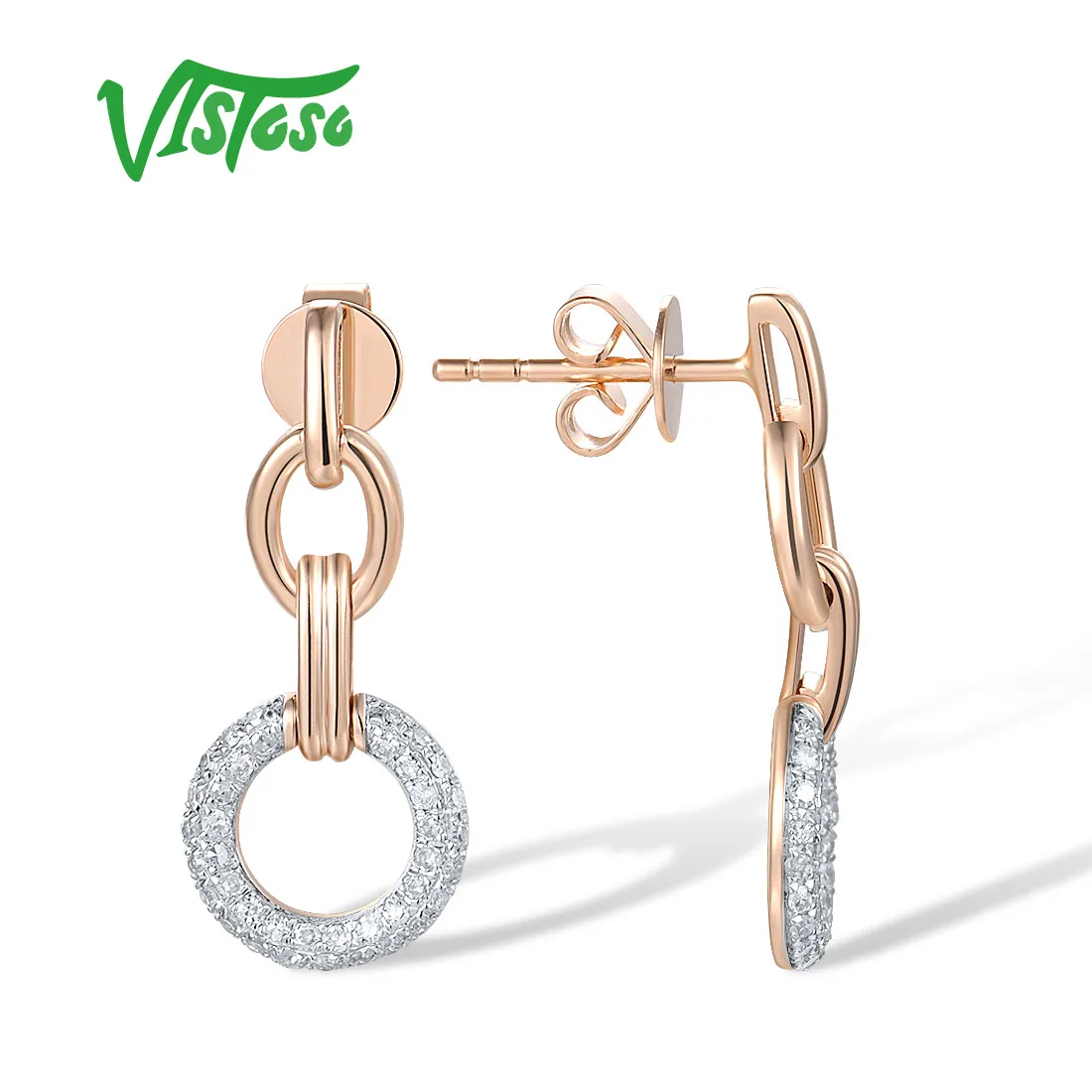 VISTOSO 14K 585 Rose Gold Stud Earrings For Women Sparkling Genuine Diamonds Circle Links Chain Dangling Fine Trend Jewelry