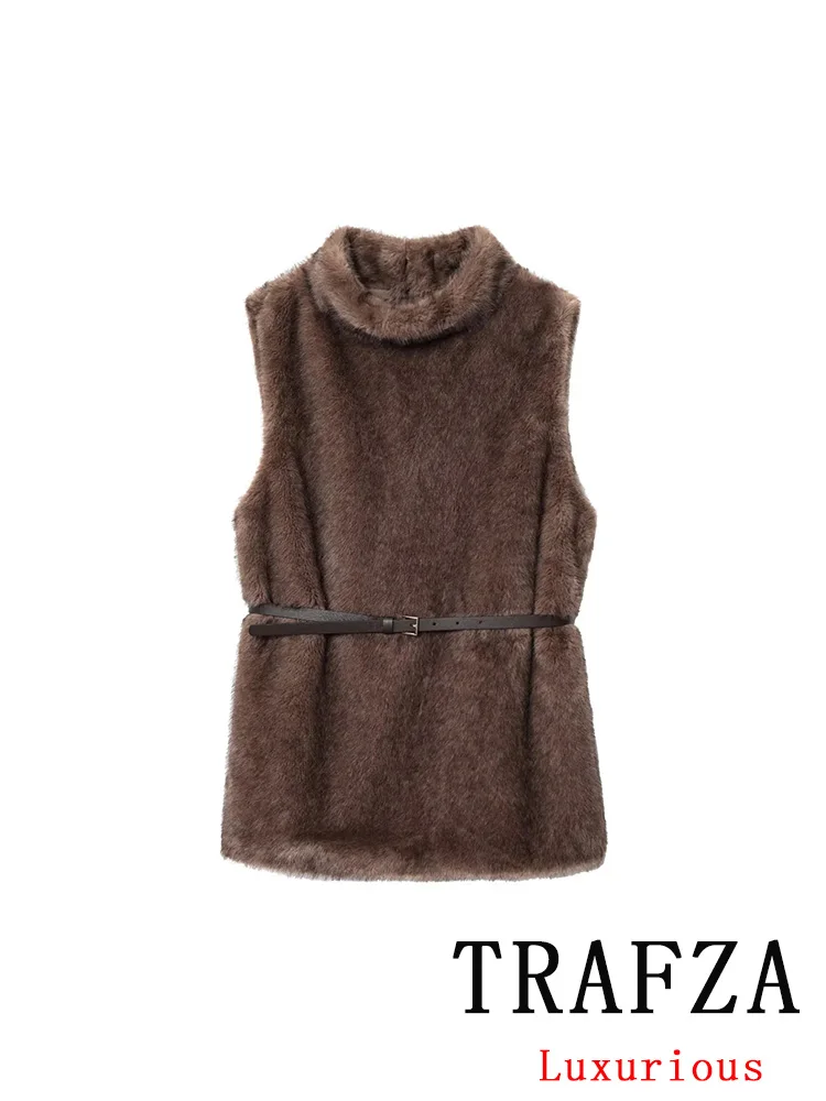 TRAFZA, abrigo informal de piel sintética para mujer, jersey marrón liso de cuello alto, fajas, Top recto, nueva moda, abrigo femenino para vacaciones de otoño 2025