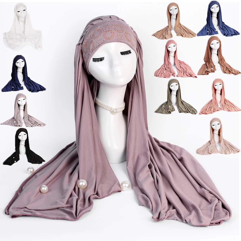 Muslim Hijab 12 Colors Ethnic Headscarf High Quality Brushed Solid Color Women\'s Malay Headscarf Ring Studded Diamond Cover Cap