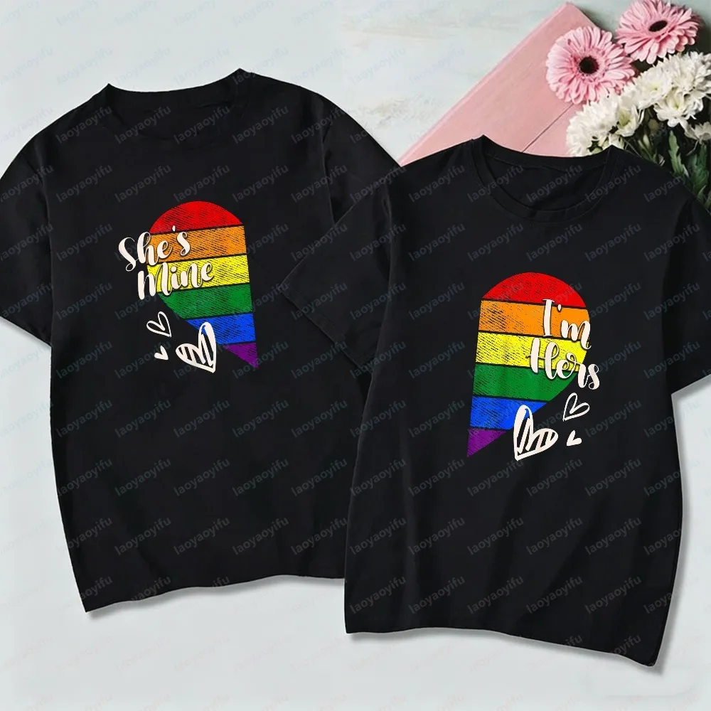 I'm Hers & She's Mine LGBTQ+ Pride Couple Matching T-Shirt Funny Gay Pride Month Rainbow Print Short Sleeve T-Shirt Couple Tees