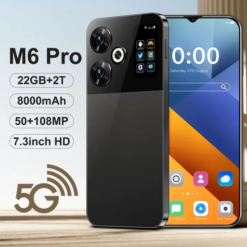 

Global version M6 Pro 5G Original Smartphone 7.3 HD Screen Dual SIM Phone Android Unlocked Version 108MP Camera 8000mAh Phone