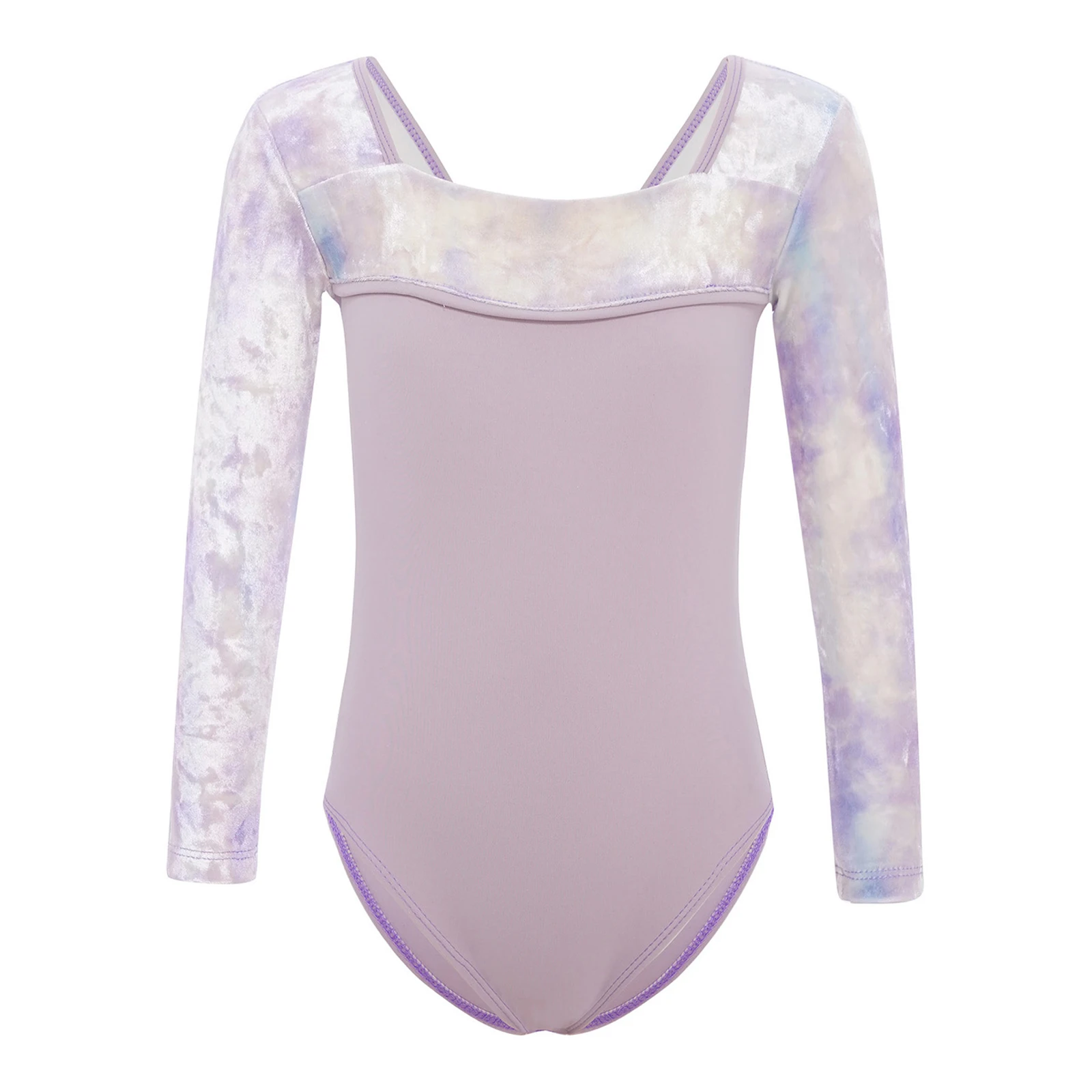 

Kids Girls Ballet Dance Practice Costume Square Neck Long Sleeves Tie-Dye Velvet Patchwork Bodysuit Gymnastics Leotard Dancewear