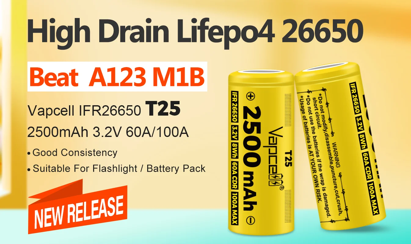 بطاريات ليثيوم أصلية Vapcell 26650 T25 2500mAh CDR 60A MAX 100A 3.2V خلية Lifepo4 26650 للأدوات الكهربائية